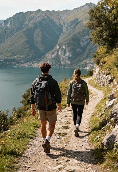Hikers on a scenic mountain trail above Lake Garda with blue water and peaks.